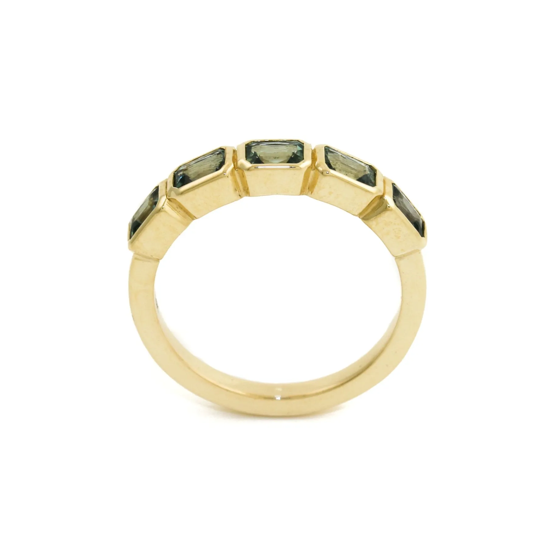 14K Gold Emerald-Cut Teal Sapphire Bezel-Set Band