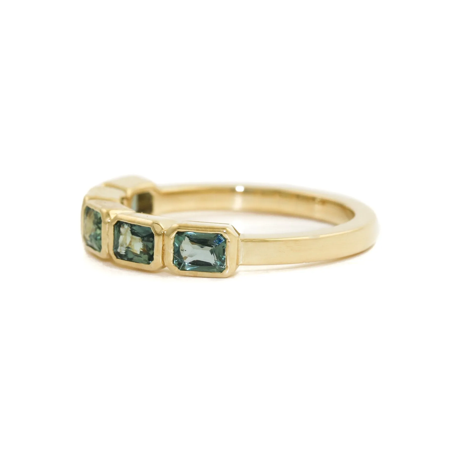 14K Gold Emerald-Cut Teal Sapphire Bezel-Set Band