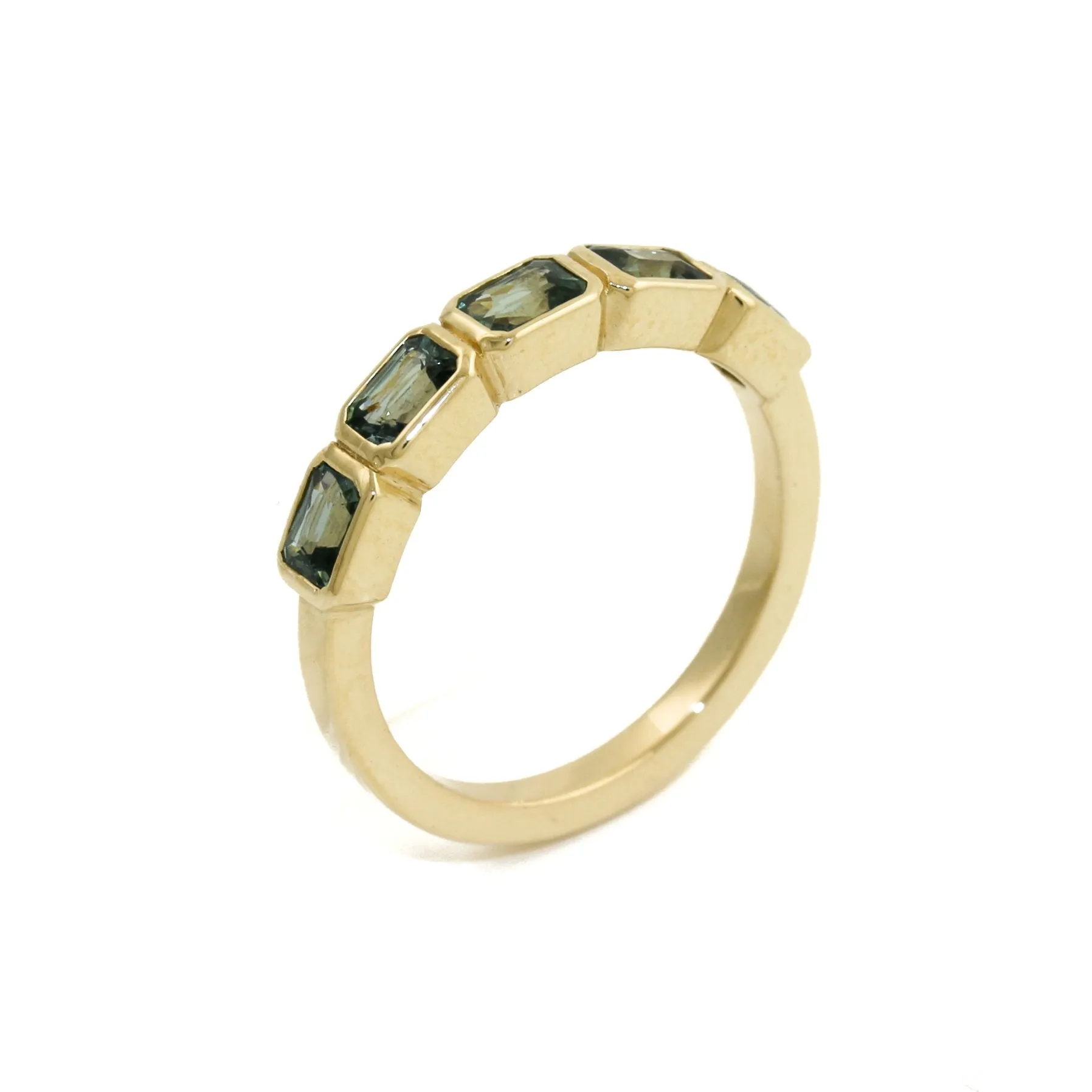 14K Gold Emerald-Cut Teal Sapphire Bezel-Set Band