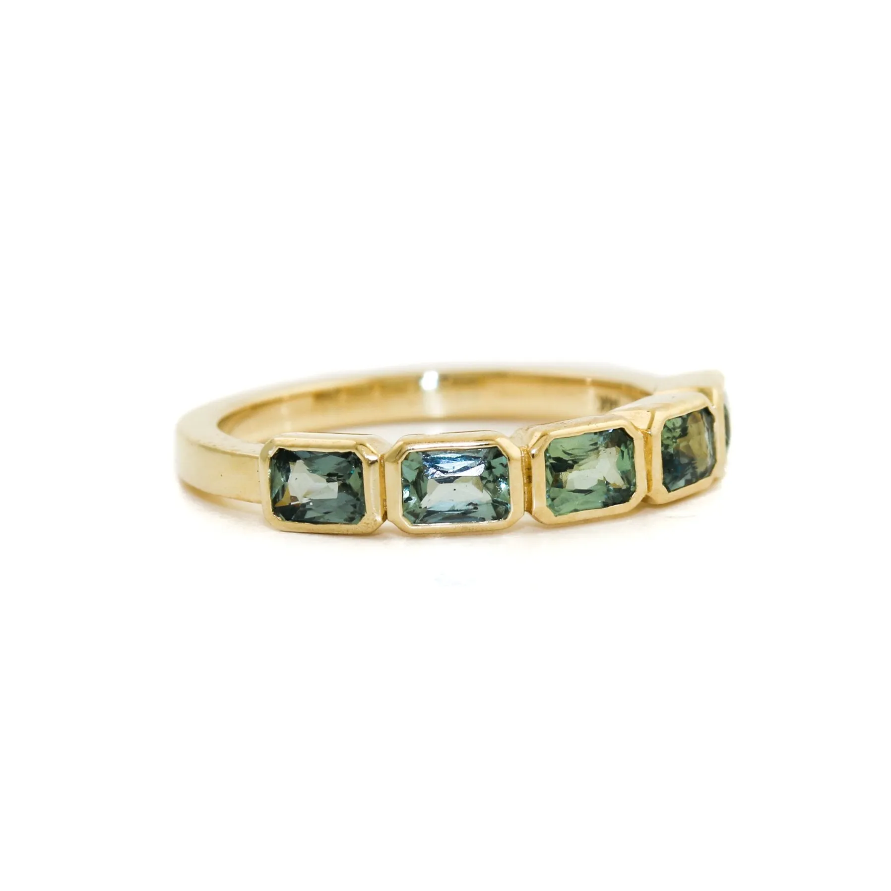 14K Gold Emerald-Cut Teal Sapphire Bezel-Set Band