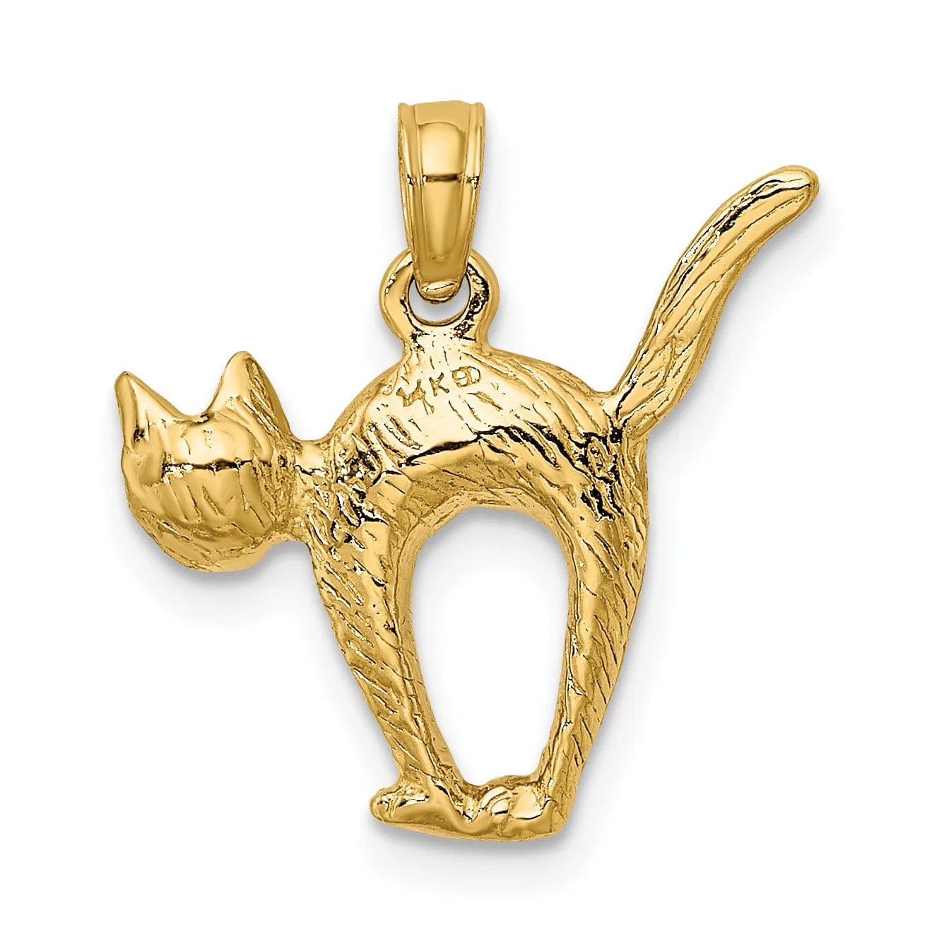 14K Yellow Gold Textured Polished Finish 3-Dimensional Arch Back and Raised Tail Cat Charm Pendant