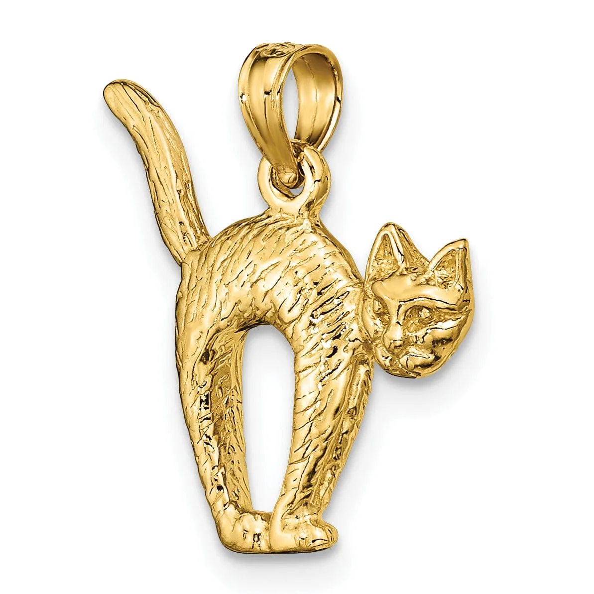 14K Yellow Gold Textured Polished Finish 3-Dimensional Arch Back and Raised Tail Cat Charm Pendant