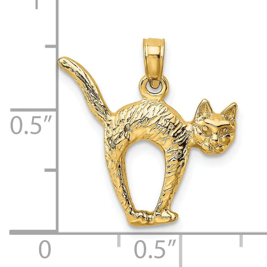 14K Yellow Gold Textured Polished Finish 3-Dimensional Arch Back and Raised Tail Cat Charm Pendant