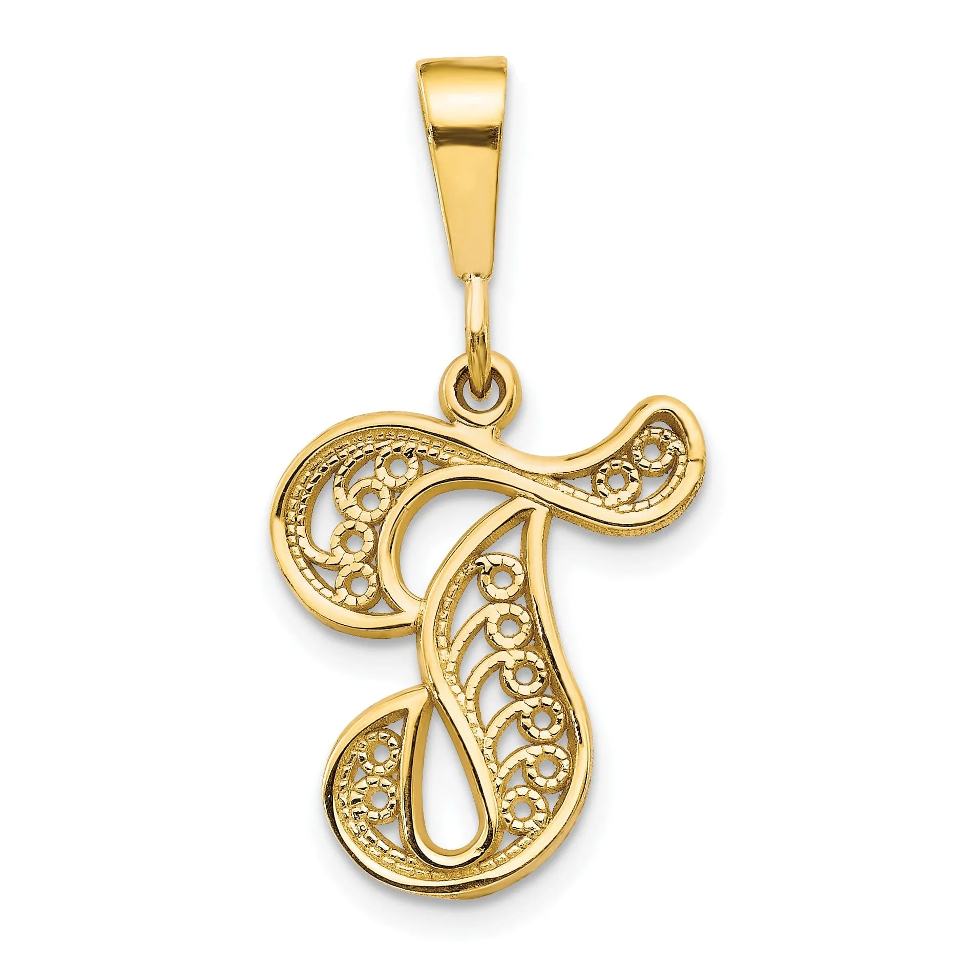 14K Yellow GoldFancy Filigree Script Design Letter T Initial Pendant