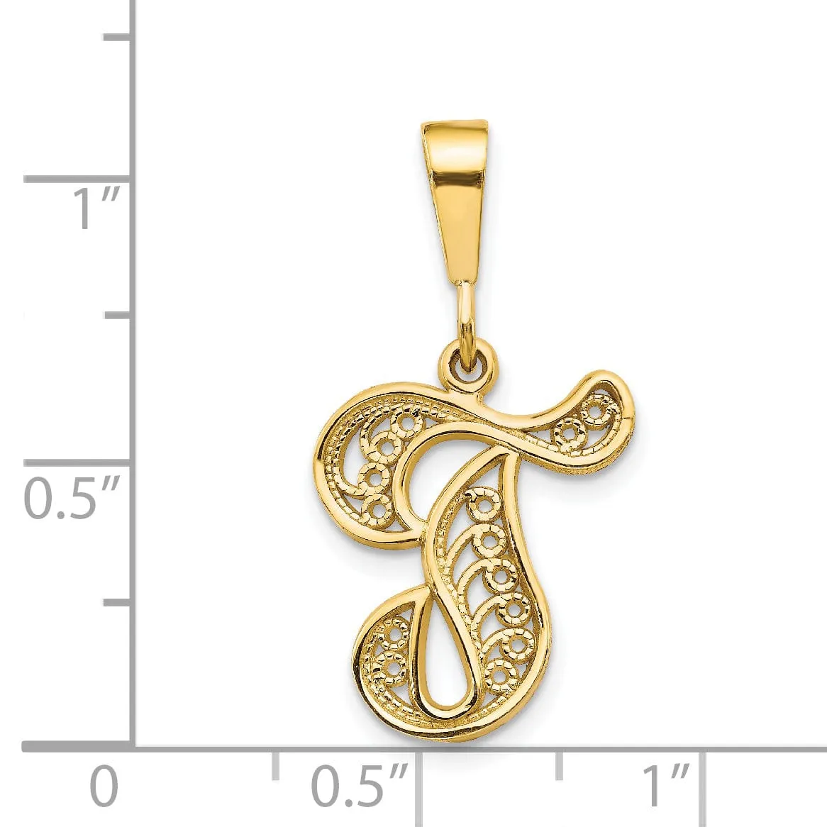 14K Yellow GoldFancy Filigree Script Design Letter T Initial Pendant