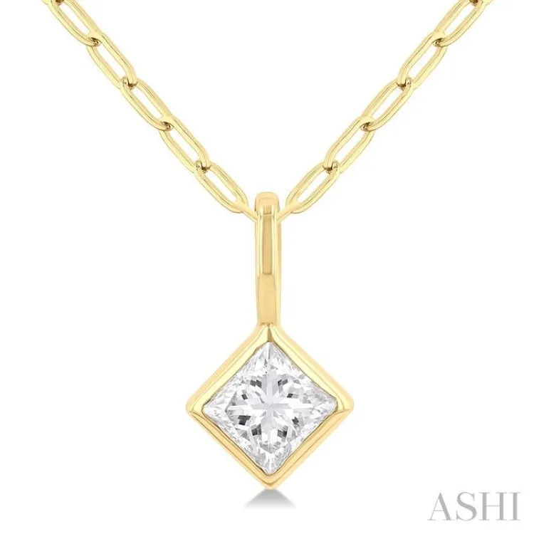 1/5 ctw Princess Cut Bezel Set Diamond Fashion Pendant With Paper Clip Chain in 14K Yellow Gold