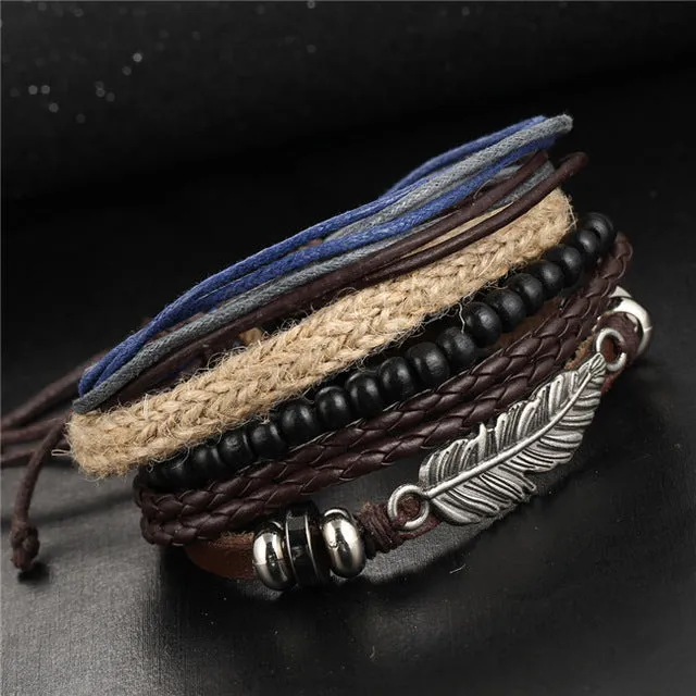 17KM 2016 Boho Women Fashion Leather Bracelets&Bangles 4 PCS Wristband Anchors Jewelry Vintage Charm Pulseira Masculina