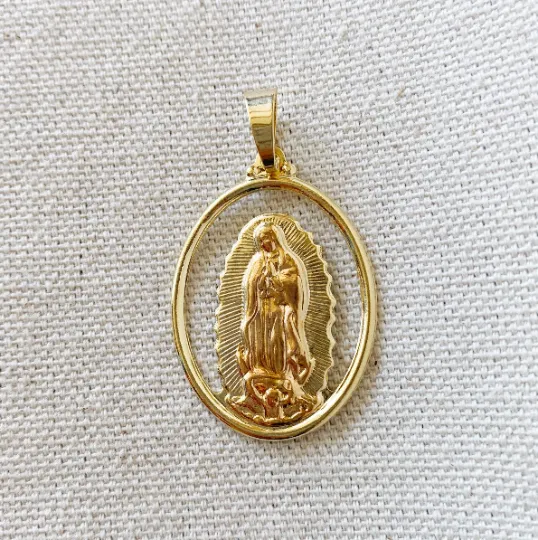 18k Gold Filled Hollowed Oval Lady of Guadalupe Pendant Featuring Rose Gold Detail