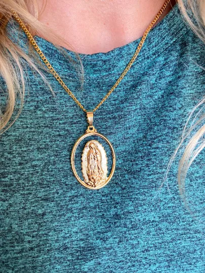 18k Gold Filled Hollowed Oval Lady of Guadalupe Pendant Featuring Rose Gold Detail