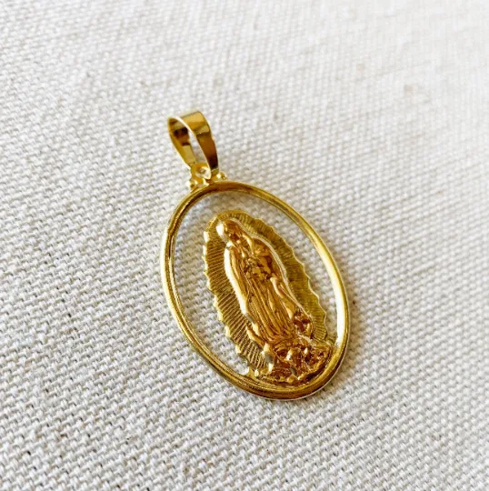 18k Gold Filled Hollowed Oval Lady of Guadalupe Pendant Featuring Rose Gold Detail