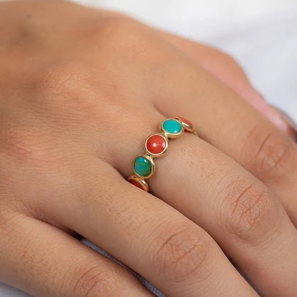 18K Yellow Gold Coral Turquoise Eternity Band