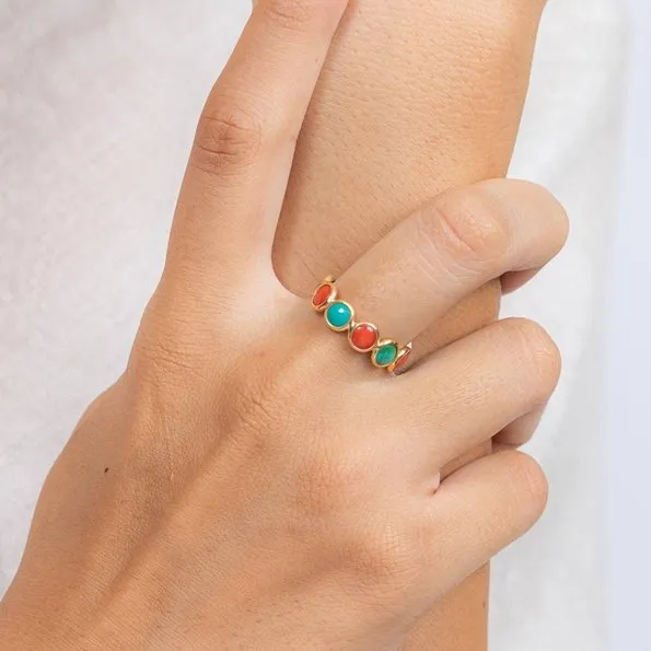 18K Yellow Gold Coral Turquoise Eternity Band