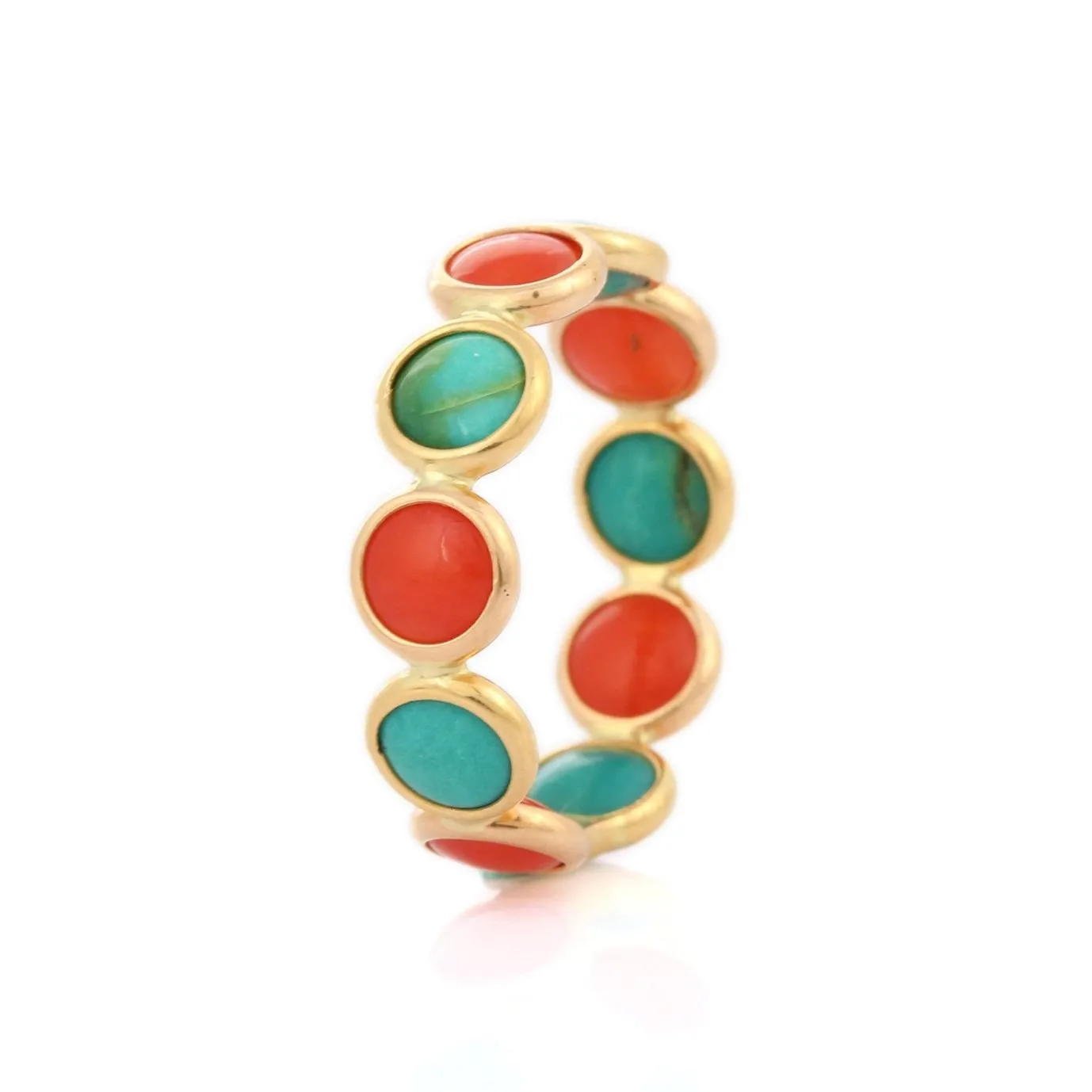 18K Yellow Gold Coral Turquoise Eternity Band