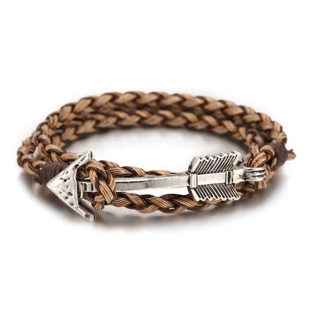 2016 New Arrival Multilayer charm leather Vintage Bronze  Arrow bracelet anchor bracelet for men women lovers' gift