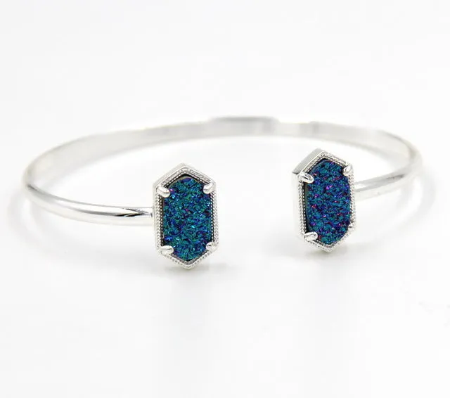 2016 New Cute Oval Quartze Copper Bangles White and Blue green Stone Resin Druzy Cuff Bangles for Women