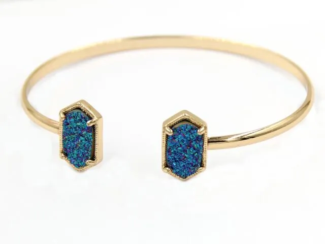 2016 New Cute Oval Quartze Copper Bangles White and Blue green Stone Resin Druzy Cuff Bangles for Women