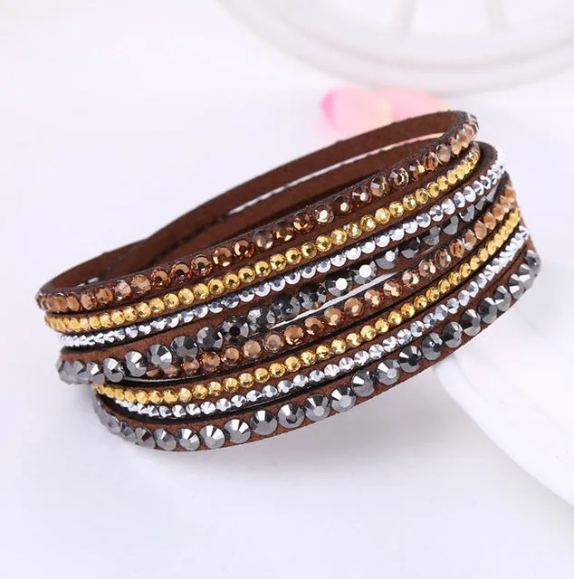 2016 New Leather Bracelet Rhinestone Crystal Bracelet Wrap Multilayer Bracelets for women feminino pulseras mulher Jewelry