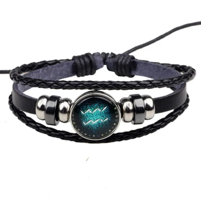 2017 New arrival Zodiac 12 Constellation Bracelet Men Jewelry Fashion Women Braided PU Leather Bracelets & Bangles BQN104