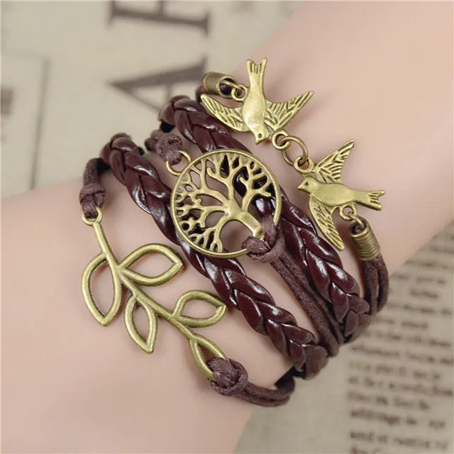 2017 New Infinity Love Leather Love Owl Leaf Charm Handmade Bracelet Bangles Jewelry Friendship Gift Items 2pac/lot