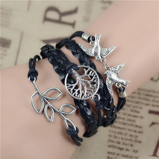 2017 New Infinity Love Leather Love Owl Leaf Charm Handmade Bracelet Bangles Jewelry Friendship Gift Items 2pac/lot