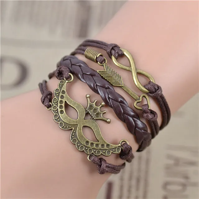 2017 New Infinity Love Leather Love Owl Leaf Charm Handmade Bracelet Bangles Jewelry Friendship Gift Items 2pac/lot