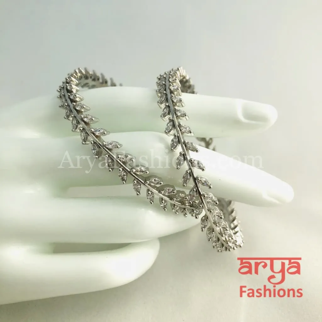 2.4,2.6,2.8 Silver CZ Leaf Bangles,Cubic Zirconia Trendy Bangles