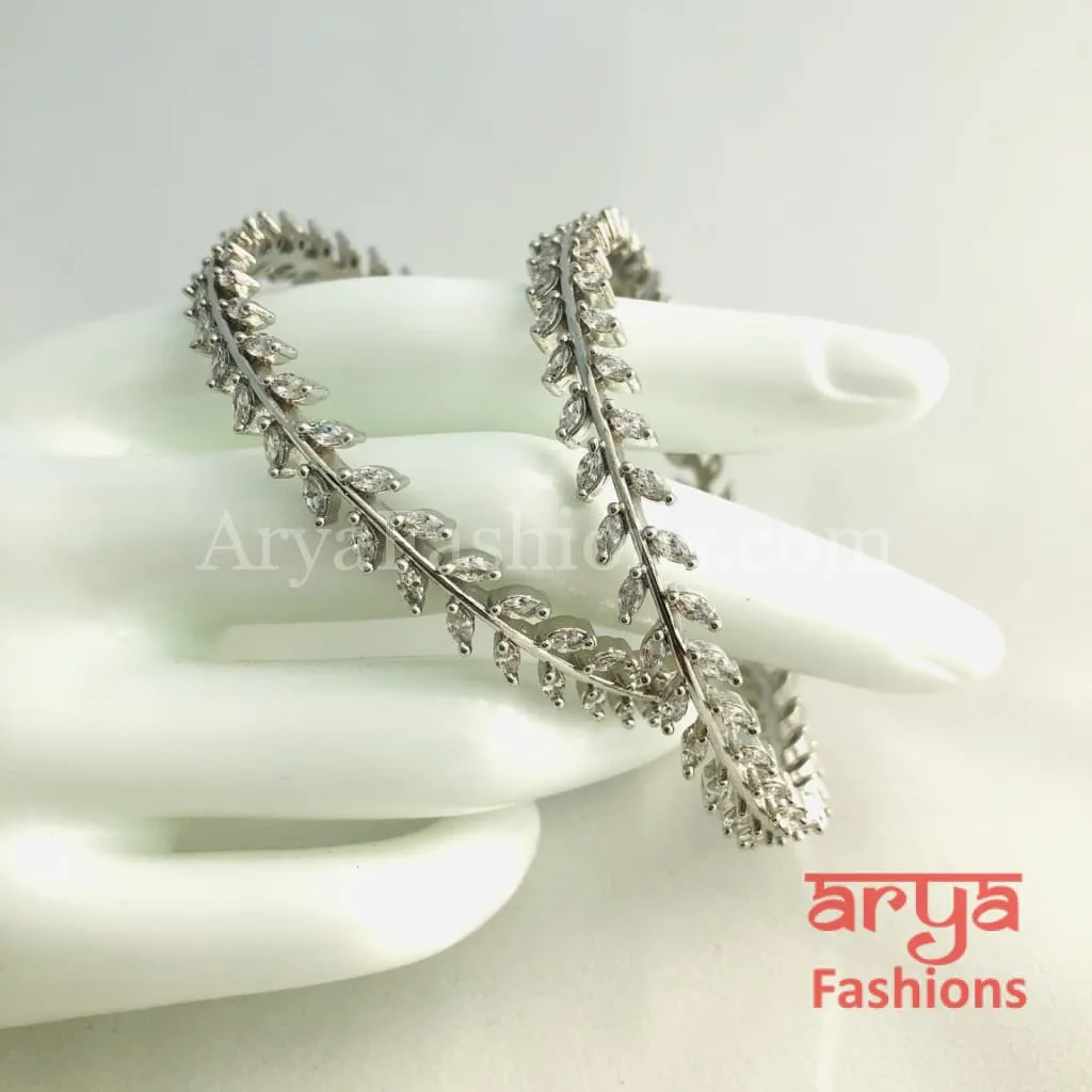 2.4,2.6,2.8 Silver CZ Leaf Bangles,Cubic Zirconia Trendy Bangles