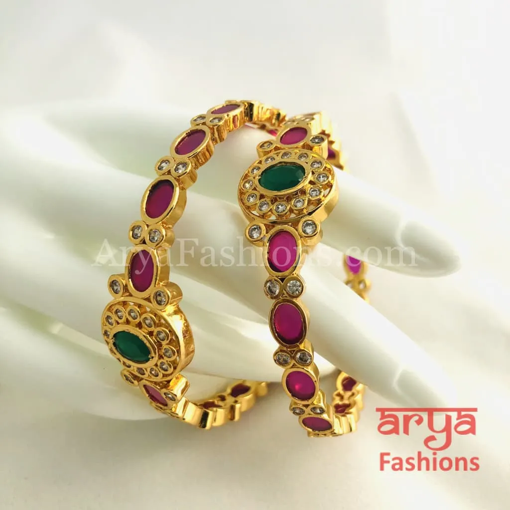 2.6 Golden Ruby Emerald Trendy Kada Bangles with CZ Stones