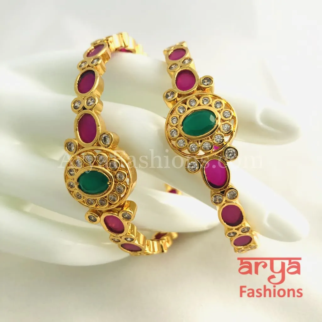 2.6 Golden Ruby Emerald Trendy Kada Bangles with CZ Stones