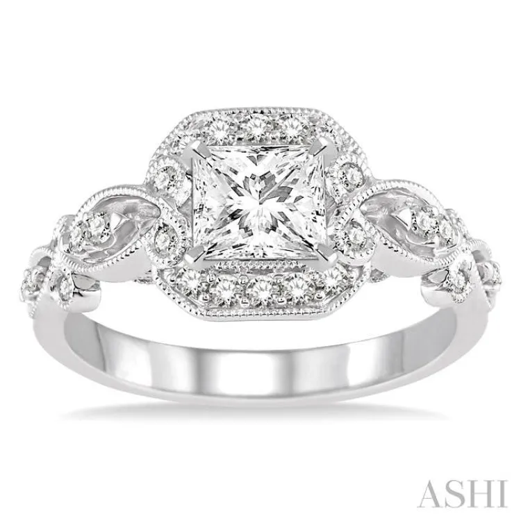 3/4 Ctw Diamond Engagement Ring with 1/2 Ct Princess Cut Center Stone in 14K White Gold