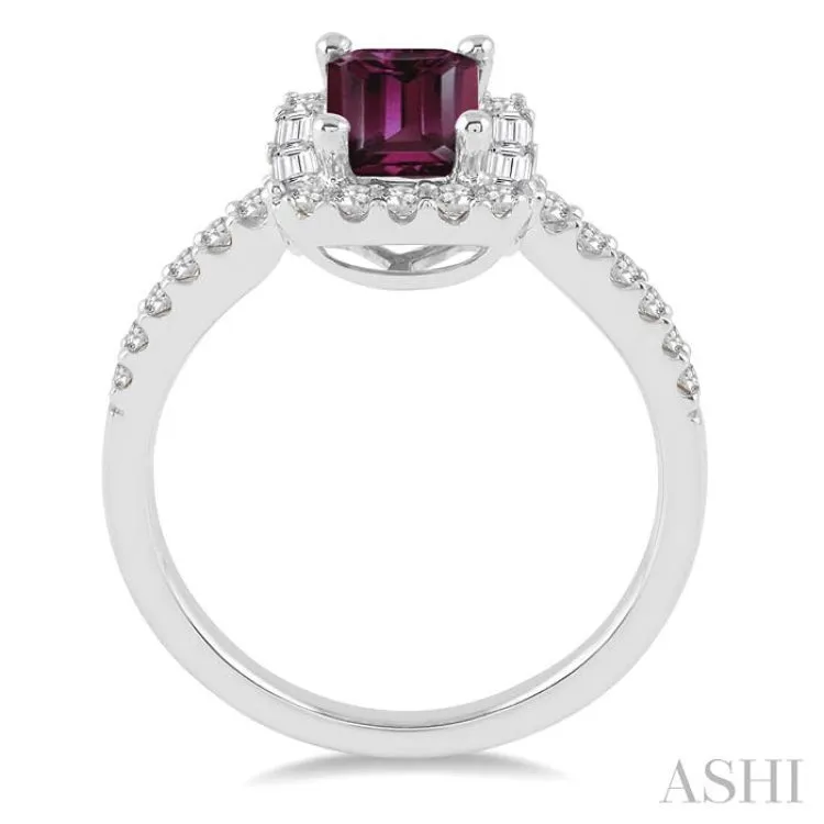 7x5 MM Emerald Cut Rhodolite Garnet and 1/2 Ctw Diamond Ring in 14K White Gold