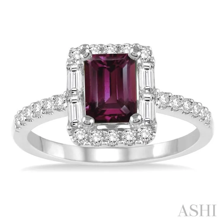 7x5 MM Emerald Cut Rhodolite Garnet and 1/2 Ctw Diamond Ring in 14K White Gold