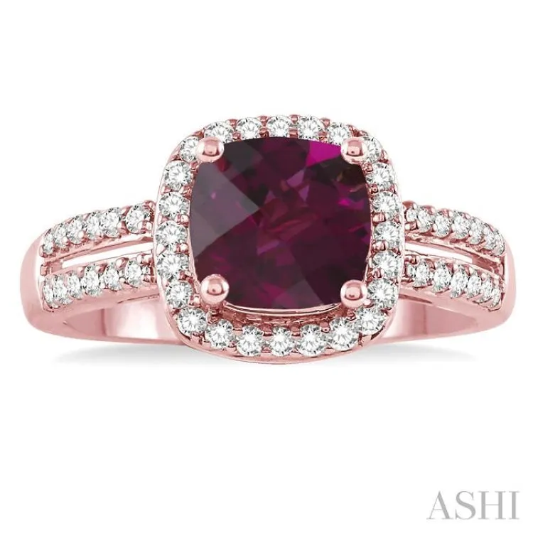 7x7 mm Cushion Cut Rhodolite Garnet and 1/3 Ctw Round Cut Diamond Ring in 14K Rose Gold