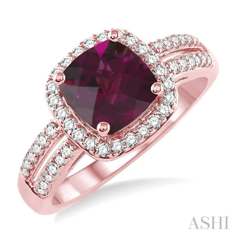 7x7 mm Cushion Cut Rhodolite Garnet and 1/3 Ctw Round Cut Diamond Ring in 14K Rose Gold