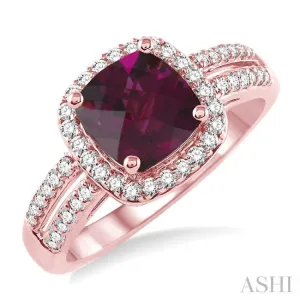 7x7 mm Cushion Shape Rhodolite Garnet and 1/3 Ctw Round Cut Diamond Ring in 14K Rose Gold