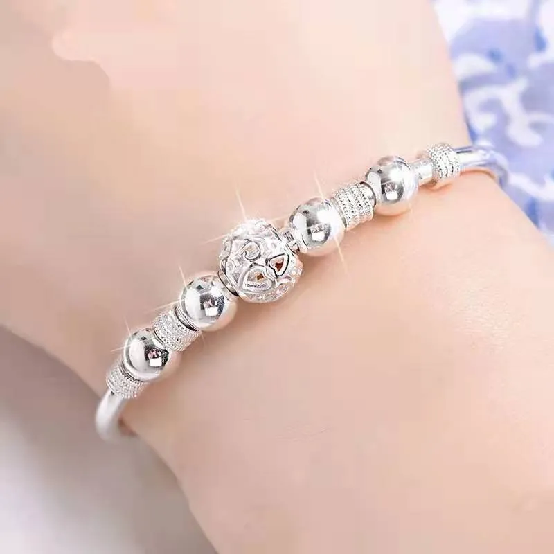 925 Sterling Silver Charm & Lucky Beads Bangle for Woman