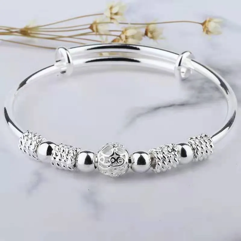 925 Sterling Silver Charm & Lucky Beads Bangle for Woman