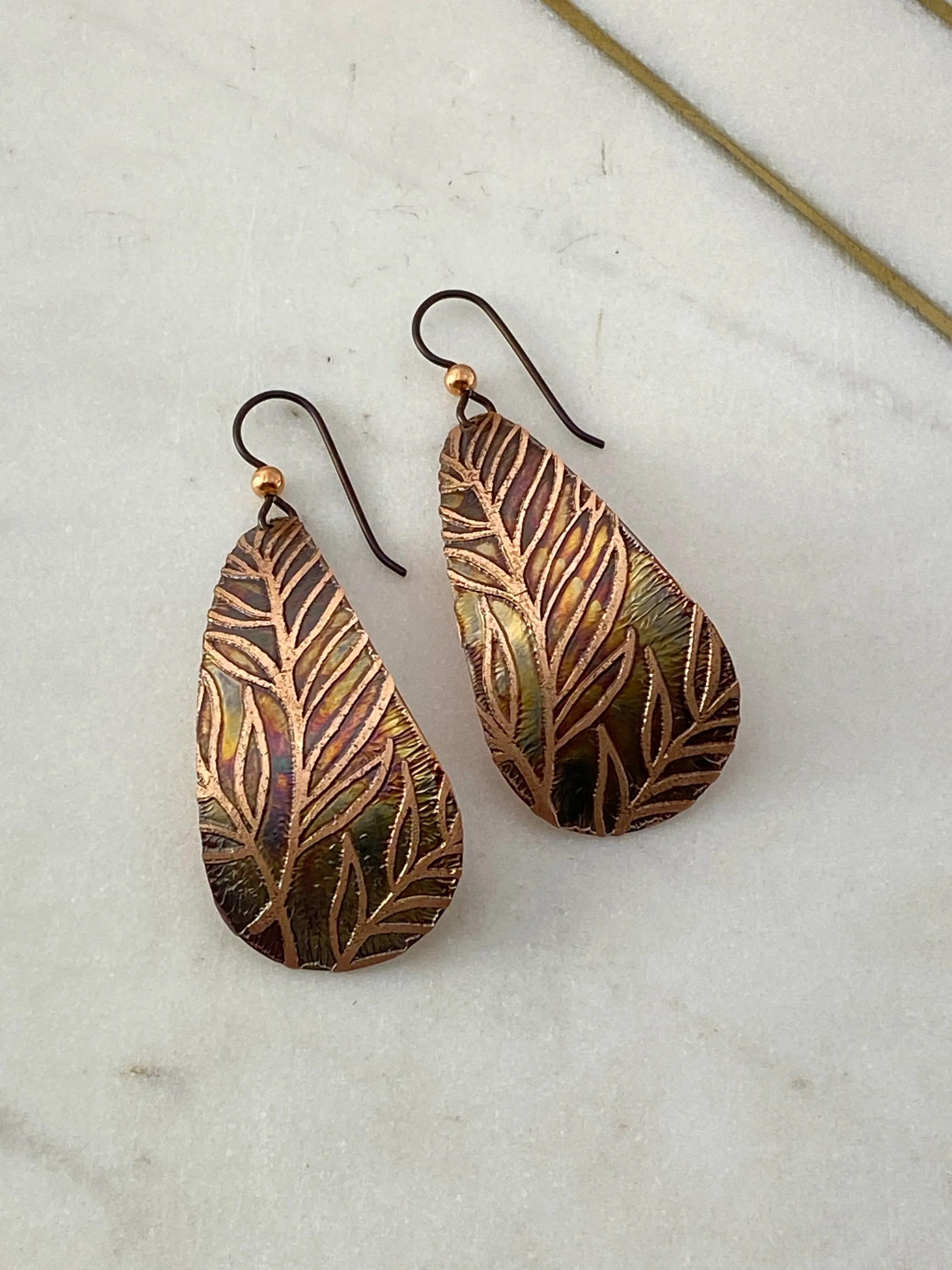 Acid etched copper teardrop earrings leaf