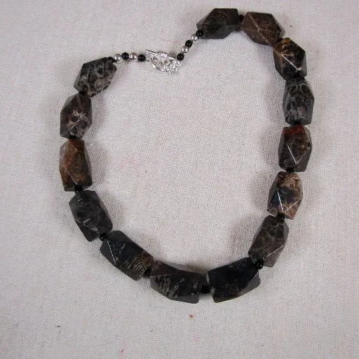 Black Fossil Gemstone Statement Beaded Necklace