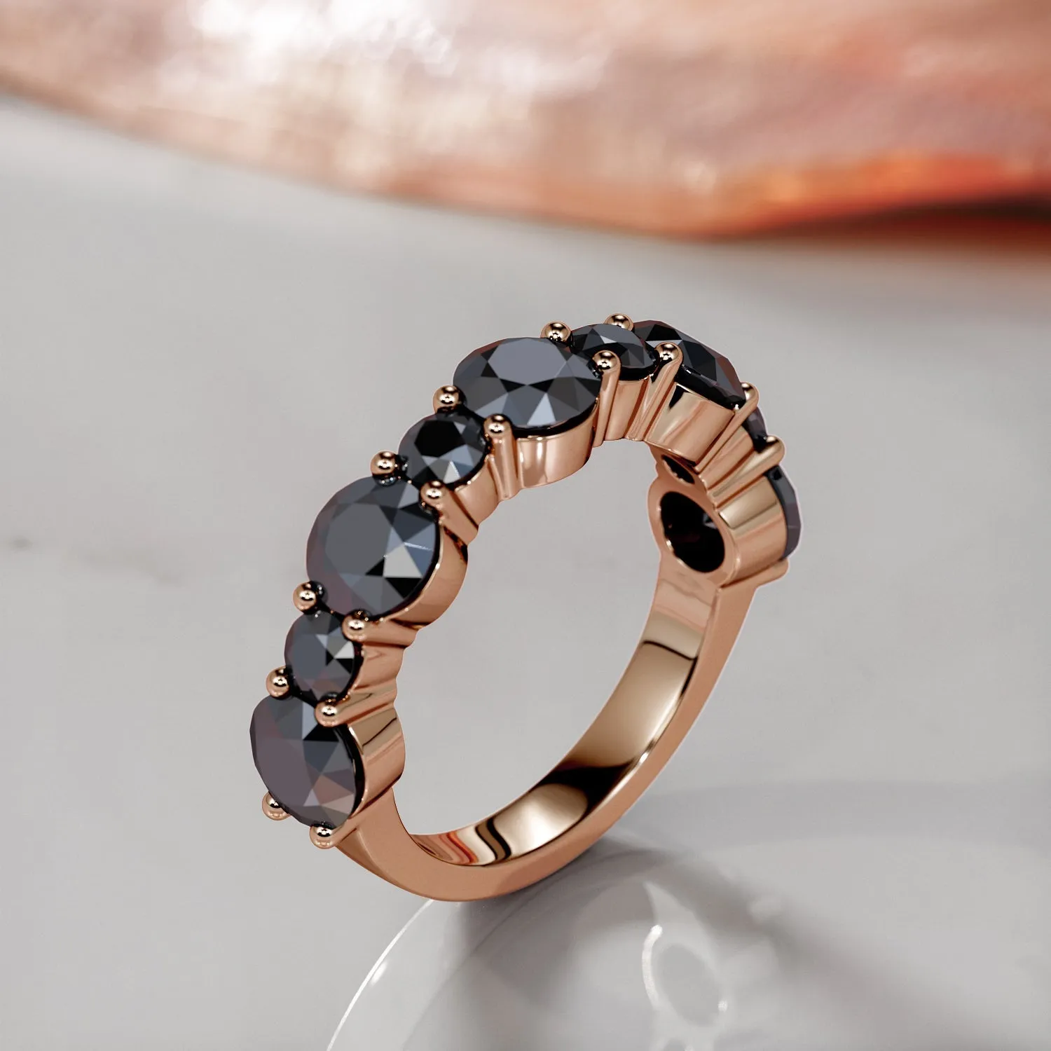 Black Light Half Eternity Wedding Ring with Round Cut Natural Black Diamonds