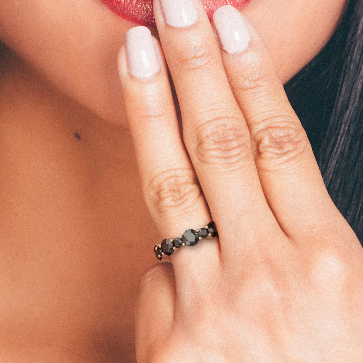 Black Light Half Eternity Wedding Ring with Round Cut Natural Black Diamonds