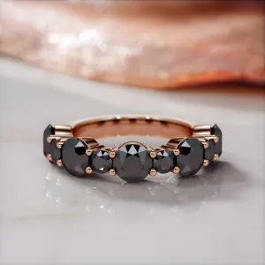 Black Light Half Eternity Wedding Ring with Round Cut Natural Black Diamonds