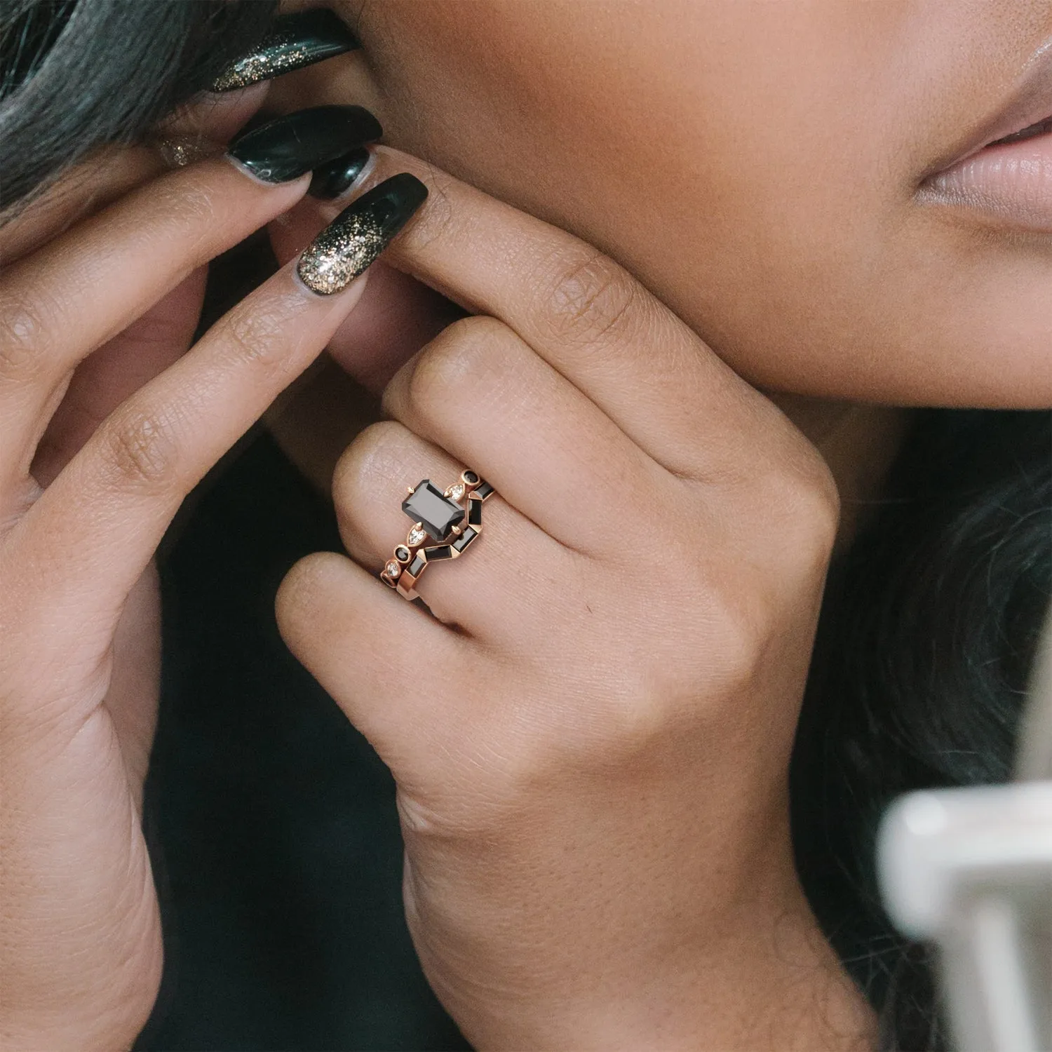 Black Widow Geometric Wedding Ring with Baguette Cut Natural Black Diamonds