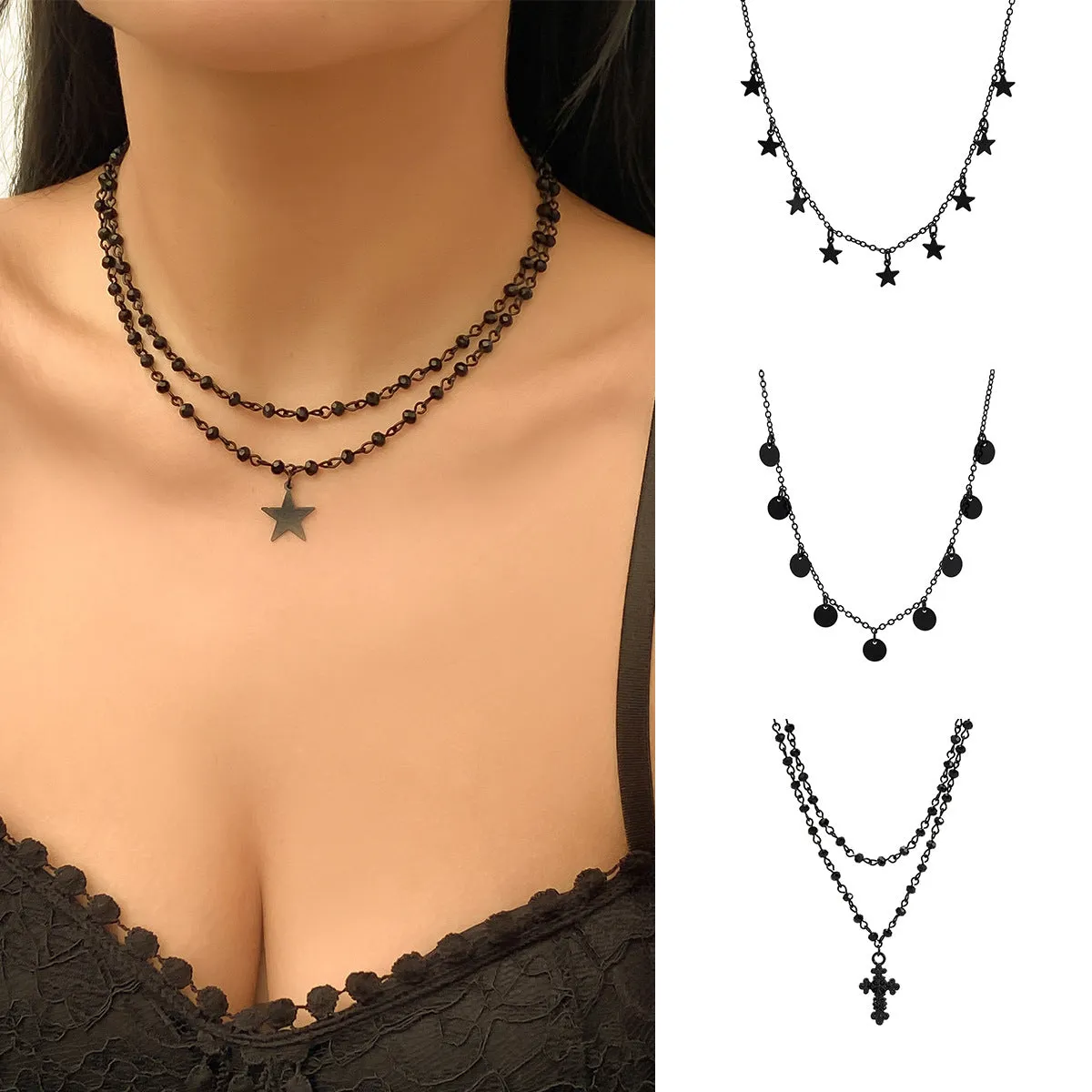 Chic Alloy Necklace with Cross and Star Pendants