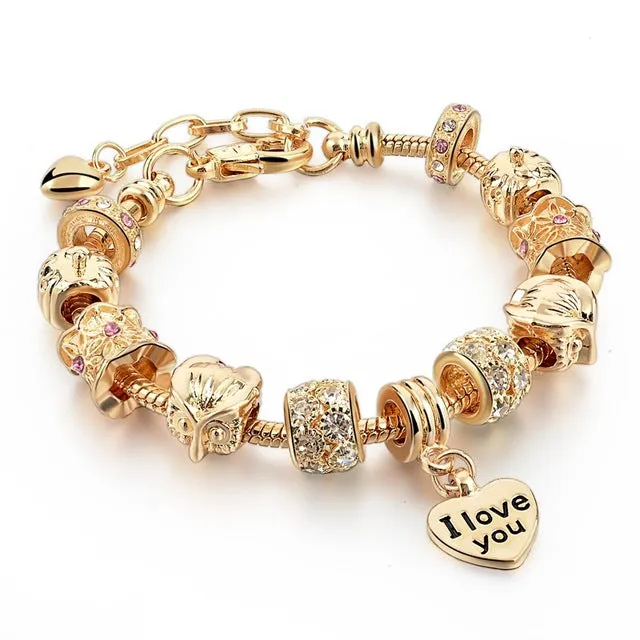 CHICVIE Gifts Gold color Crystal Heart Charm Bracelets & Bangles for Women Trendy Bracelet Femme Jewelry Sbr160056