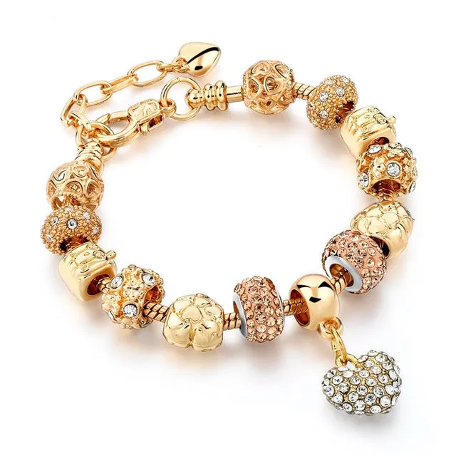 CHICVIE Gifts Gold color Crystal Heart Charm Bracelets & Bangles for Women Trendy Bracelet Femme Jewelry Sbr160056