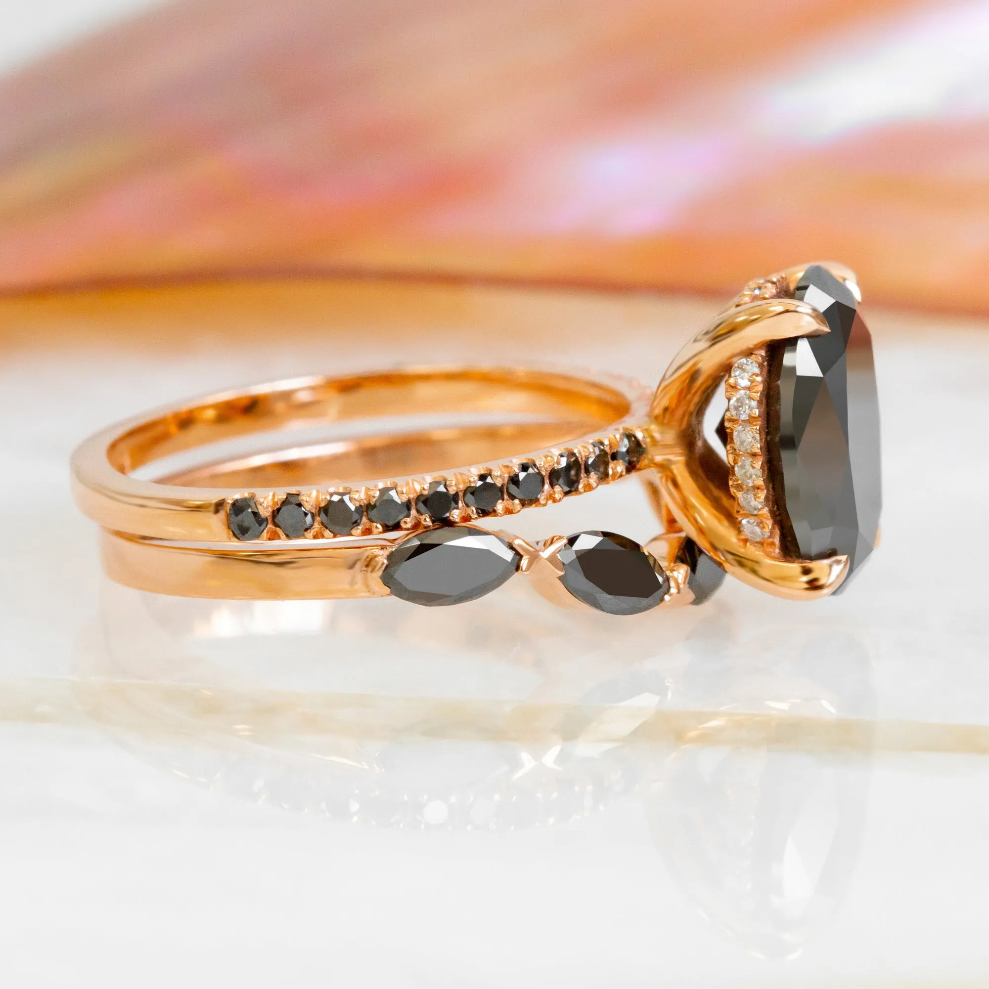 Cotton Candy Curved Wedding Ring with Marquise Cut Natural Black Diamonds