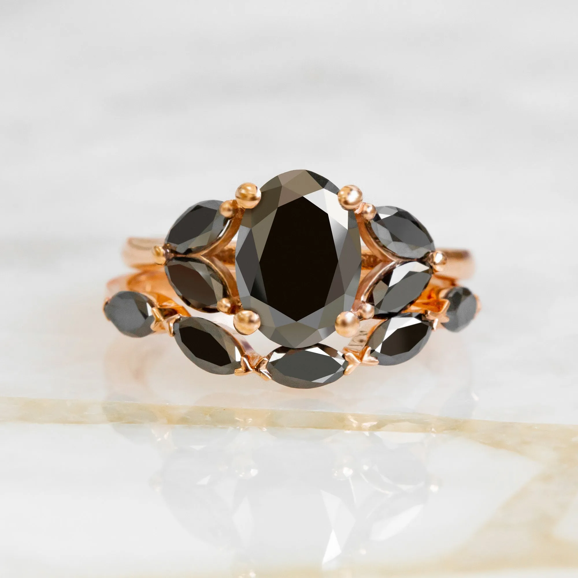 Cotton Candy Curved Wedding Ring with Marquise Cut Natural Black Diamonds