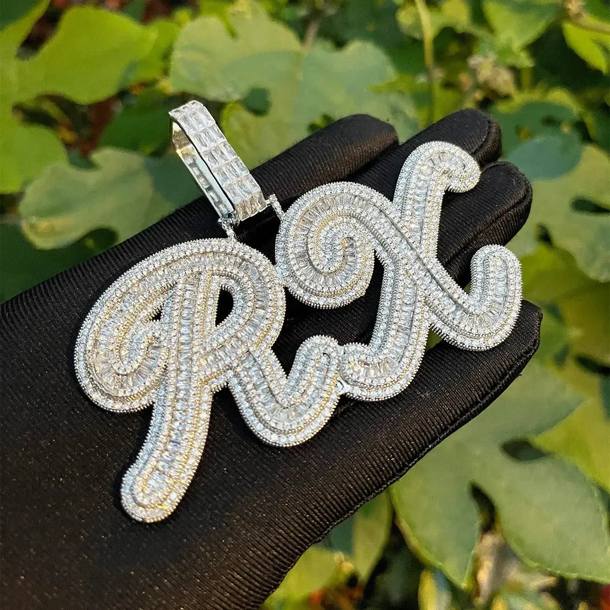 Custom Baguette Diamond Cursive Font Pendant