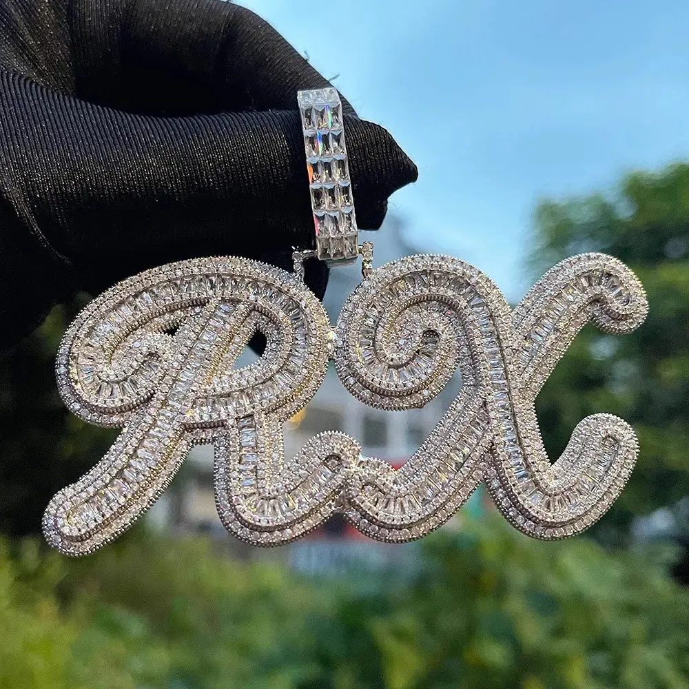 Custom Baguette Diamond Cursive Font Pendant